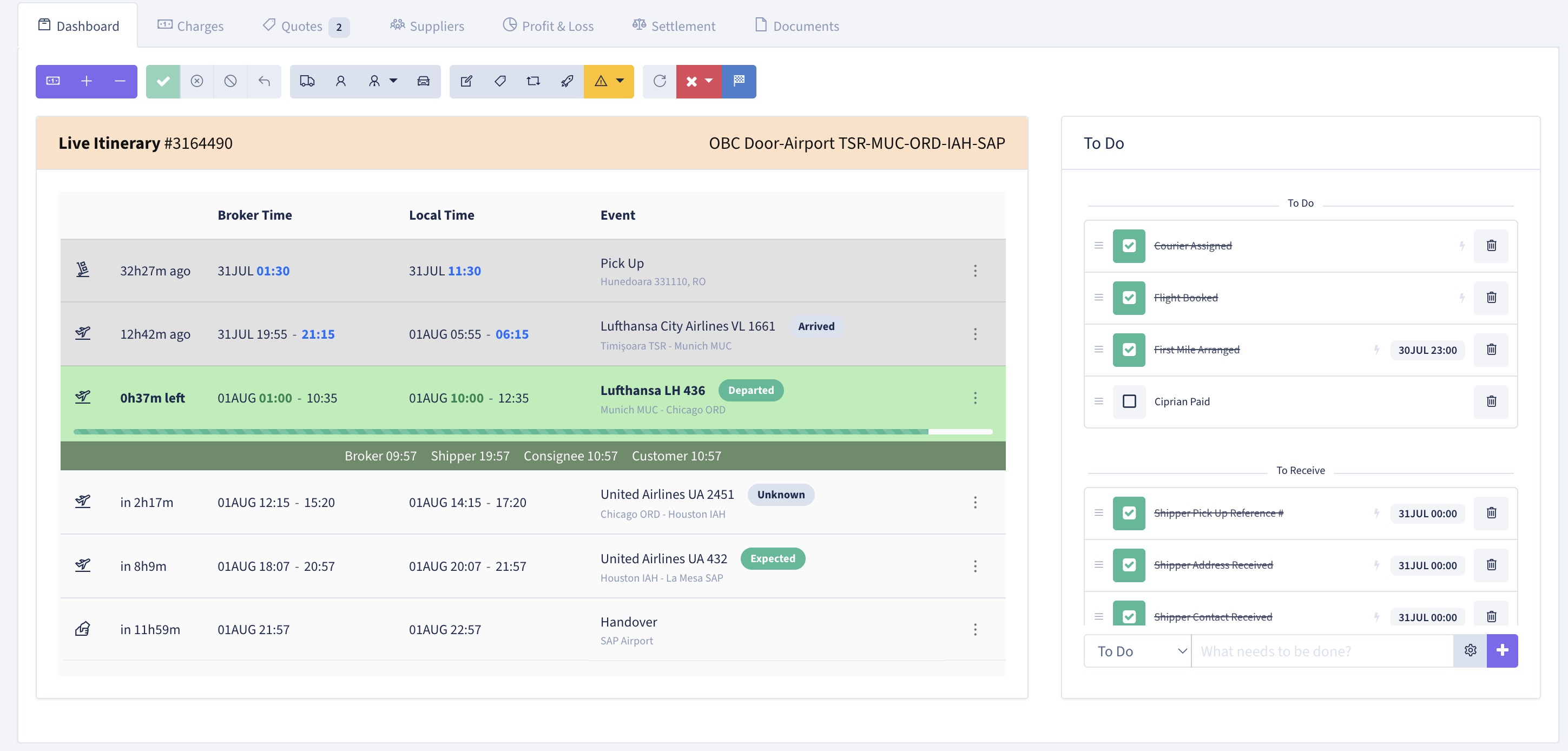 Ticris live itinerary dashboard showing flight milestones, broker and local times, and an operational to-do list.