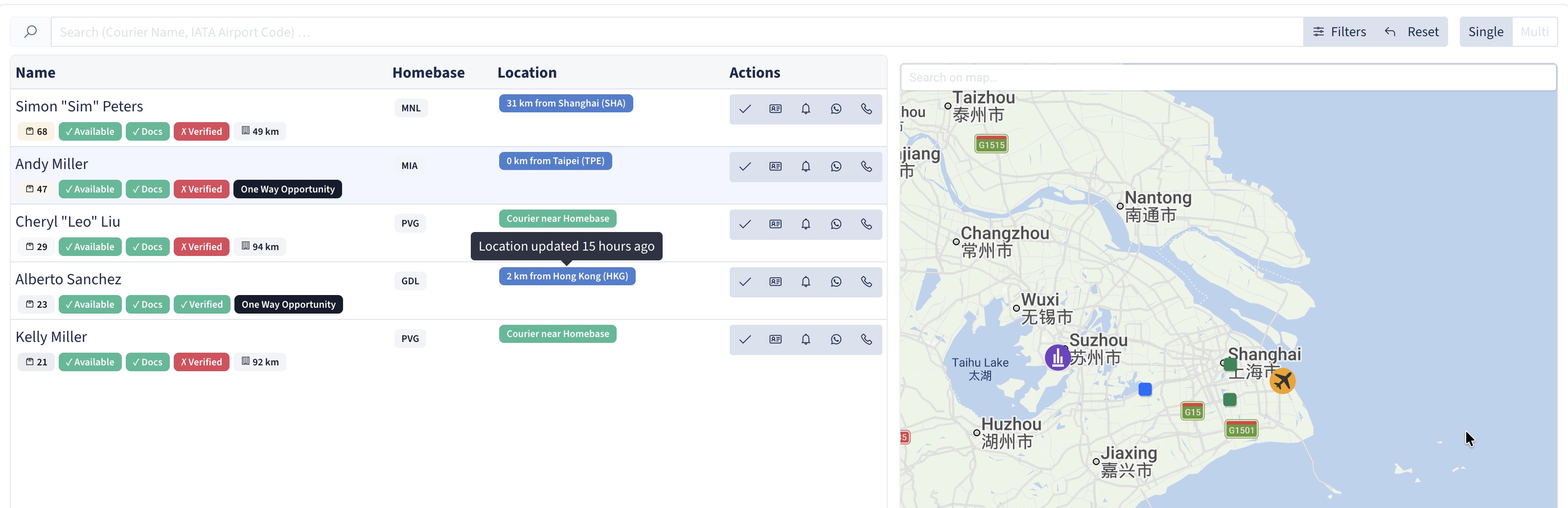 Ticris courier availability view with filters and map search.