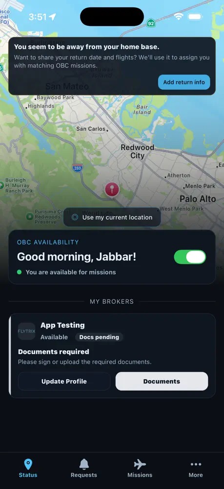 Ticris mobile app showing courier availability and broker tasks.
